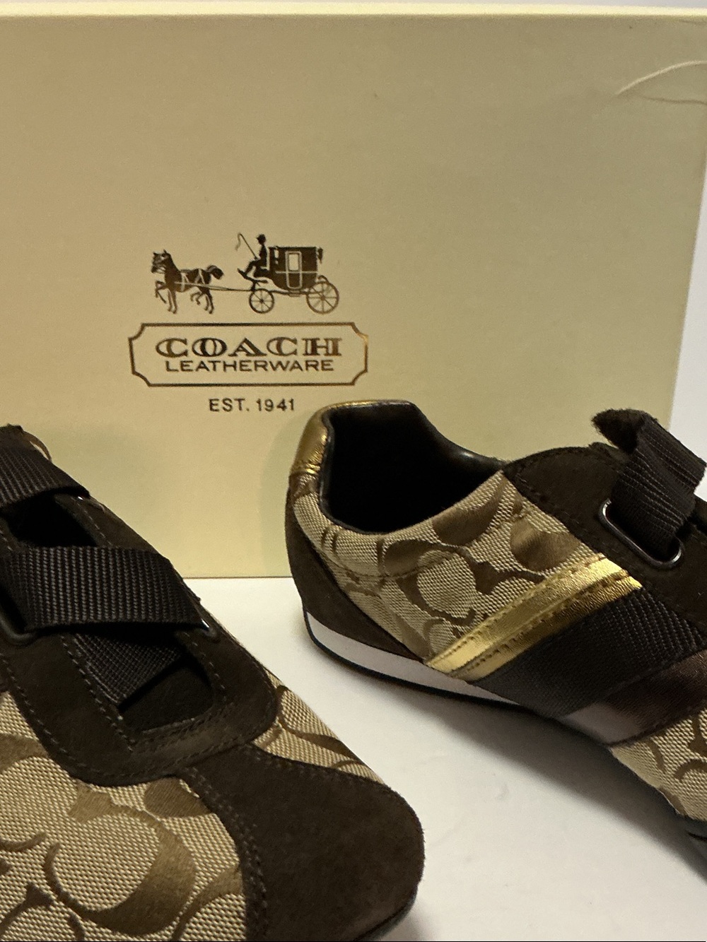 Coach Brown and Tan Monogram Velcro Sneakers - Picture 9 of 9